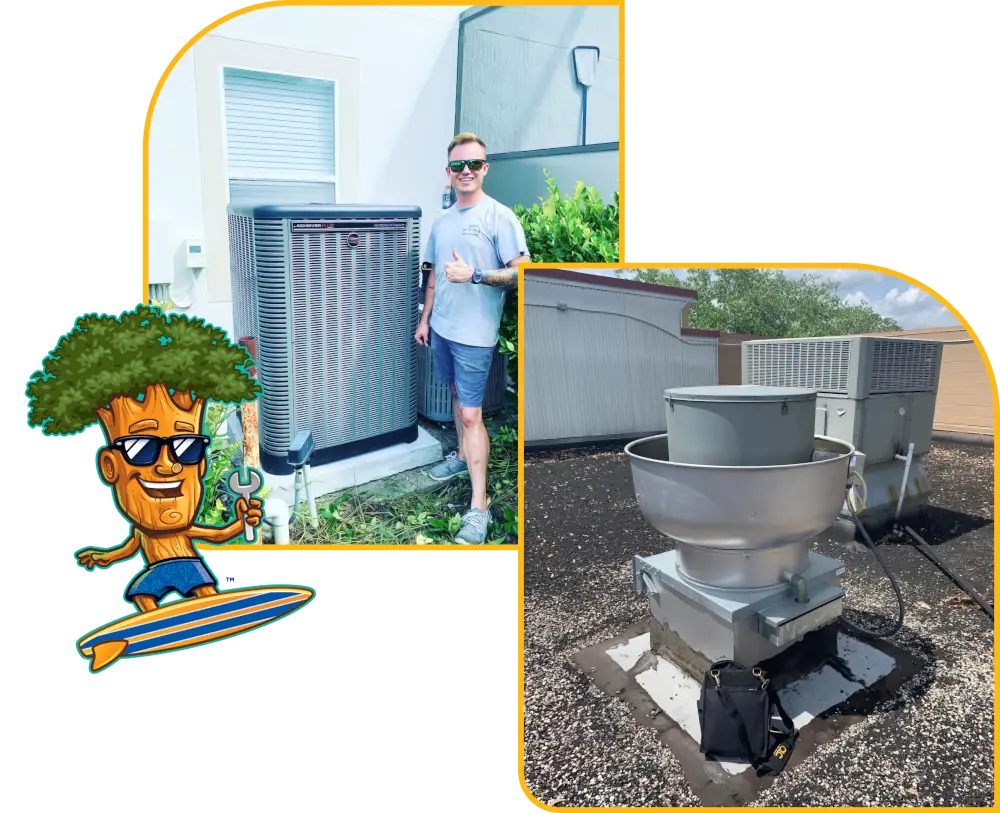 HVAC services in Palm Coast - Mascot, man, and a vent on the other side.